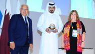 H E Sheikh Joaan posing for a photograph with ANOC Secretary-General Gunilla Lindberg and Senior Vice-President Robin Mitchel.  PICTURES: Anvar Sadath