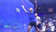 Qatar’s Abdulla Al Tamimi celebrates his win over Gregoire Marche of France at the PSA Men’s World Championshipat the Khalifa International Tennis and Squash Complex yesterday.