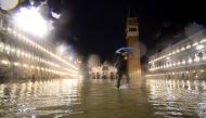 A general view shows the flooded St. Mark's Square, with St. Mark's Basilica (Rear L) and the Bell Tower on November 15, 2019 in Venice, two days after the city suffered its highest tide in 50 years. Flood-hit Venice was bracing for another exceptional hi