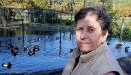 Dominique Douthe, whose neighbours took her to court over her ducks' loud quacking, poses next to her ducks in Soustons, France, November 18, 2019. Picture taken November 18, 2019. Reuters/Regis Duvignau