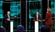 Conservative leader Boris Johnson and Labour leader Jeremy Corbyn are seen during a televised debate ahead of general election in London, Britain, November 19, 2019. Jonathan Hordle/ITV/Handout via REUTERS 