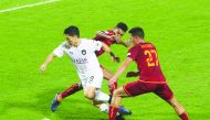 Al Sadd’s Nam Tae-Hee vies for the ball against two Al Shahaniya players at the Al Shamal Stadium yesterday. Picture: Twitter / @AlsaddSC 