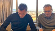 This photo, obtained by the Twitter handle of H E Sheikh Khalifa bin Hamad bin Khalifa Al Thani, the President of Al Duhail, shows Mario Mandzukic signing the contract with the Qatari club.