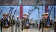 Uttar Pradesh police personnel in Allahabad take part in Republic Day parade rehearsal holding Lee-Enfield .303 rifles, on January 22, 2020, which are decommissionned on Republic Day on January 26 following an order from Uttar Pradesh police headquarters.