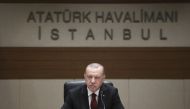  Turkish President Recep Tayyip Erdogan speaks to media ahead of his departure to Ukraine at the Ataturk Airport in Istanbul, Turkey on February 3, 2020. (Arif Hüdaverdi Yaman - Anadolu Agency)
