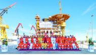Senior officials of Qatargas, Nakilat-Keppel Offshore & Marine Ltd (N-KOM), Rosetti Marino and Heerema at the ceremony held in Ras Laffan yesterday.