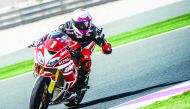 Saeed Al Sulaiti celebrates after securing the Superpole in Qatar Superstock 600 at Losail International Circuit, yesterday.