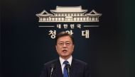 :South Korean President Moon Jae-in speaks on the occasion of the third anniversary of his inauguration at the presidential Blue House in Seoul on May 10, 2020. / AFP / POOL / KIM Min-Hee
