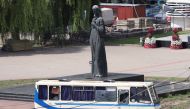 A view shows a passenger bus, which was seized by an unidentified person in the city of Lutsk, Ukraine July 21, 2020. REUTERS/Mykola Martyniuk