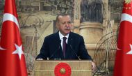 Turkey's President Tayyip Erdogan addresses the nation in Istanbul, Turkey, August 21, 2020. Murat Cetinmuhurdar/PPO/Handout via REUTERS