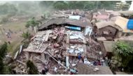 A general view shows debris of a collapsed building in Raigad in the western state of Maharashtra, India August 24, 2020 in this still image taken from video. ANI via REUTERS
