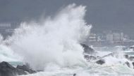 High waves batter the coastline in Seogwipo on the southern island of Jeju on August 25, 2020, as Typhoon Bavi approaches South Korea. Local reports said Typhoon Bavi was predicted to pass along the western coast of South Korea and make landfall in North 