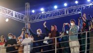 Maryam Nawaz, the daughter of Pakistan's former Prime Minister Nawaz Sharif and Bilawal Bhutto Zardari, chairman of the Pakistan Peoples Party (PPP) are seen during an anti-government protest rally organized by the Pakistan Democratic Movement (PDM), an a