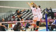 Al Arabi players blocking an attempt made by an Al Rayyan player during the second match of the day. Al Arabi beat Al Rayyan 3-2 with a 25-23, 20-25, 26-24, 22-25, 31-29 scoreline.