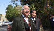Mahmood Sheikh (L), lawyer of British-born militant Ahmed Omar Saeed Sheikh, speaks to media representatives after the high court ordered to release Omar Saeed Sheikh on the murder case of American journalist Daniel Pearl, outside the Sindh high court in 