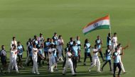 India celebrates winning on day five of the fourth test match between Australia and India at the Gabba in Brisbane, Australia, January 19, 2021. AAP Image/Darren England via REUTERS