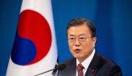 South Korean President Moon Jae-in speaks during an online New Year news conference with local and foreign journalists at the Presidential Blue House in Seoul, South Korea, January 18, 2021. Jeon Heon-Kyun/Pool via REUTERS