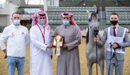 The representative of Al Rayyan Farm receiving the Gold Trophy after Hind Al Rayyan won the Yearling Fillies Class 3A event during the 23rd Qatar Arabian Horse Championship at the Longines Indoor Arena At Al Shaqab yesterday.