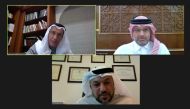 Sheikh Dr. Thani bin Ali Al Thani and other officials participating in a webinar on online arbitration.