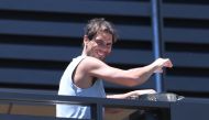 Tennis players undergo quarantine ahead of Australian Open - Adelaide, Australia - January 23, 2021 Rafael Nadal is seen smiling from his balcony at the M Suites accommodation in North Adelaide, where tennis players are undergoing mandatory quarantine ahe