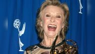 FILE PHOTO: Actress Cloris Leachman poses with the Emmy award she won for Outstanding Guest Actress in a Comedy series for her role in 