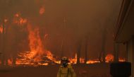 A Department of Fire and Emergency Services fire fighter battles a bushfire in Brigadoon, Perth, Australia, February 2, 2021. AAP Image/Supplied by Department of Fire and Emergency Services, Evan Collis/via REUTERS