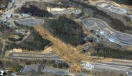 An aerial view shows a landslide caused by a strong earthquake is seen on a circuit course in Nihonmatsu, Fukushima Prefecture, Japan on February 14, 2021 in this photo taken by Kyodo. Mandatory credit Kyodo/via REUTERS