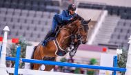 Saeed Nasser Al Qadi guides Andreas SPB Z over a hurdle during the Big Tour event yesterday.