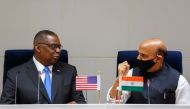 US Secretary of Defense Lloyd Austin and India's Defence Minister Rajnath Singh talk during a joint statement following their meeting in New Delhi, India, March 20, 2021. Reuters/Adnan Abidi
 