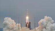 File photo: The Long March-5B Y2 rocket, carrying the core module of China's space station Tianhe, takes off from Wenchang Space Launch Center in Hainan province, China April 29, 2021. China Daily via Reuters