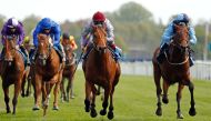 Jockey Andrea Atzeni (centre) guides Al Shaqab Racing’s Lusail (IRE) to win the Constant Security ebfstallions.com Maiden Stakes at York, UK on Thursday. Pic: Racingfotos