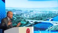 Turkish President Tayyip Erdogan speaks during the groundbreaking ceremony of Sazlidere Bridge over the planned route of Kanal Istanbul, in Istanbul, Turkey June 26, 2021. (Handout via Reuters)