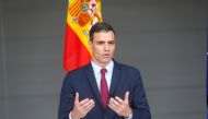 Spanish Prime Minister Pedro Sanchez speaks during news conference in Siauliai air base, Lithuania July 8, 2021. (REUTERS/IntsKalnins)