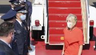 U.S. First Lady Jill Biden is greeted by Japanese and U.S delegates upon her arrival at Yokota Air Base for attending the opening ceremony of the Tokyo 2020 Olympic Games in Tokyo July 22, 2021, Japan, in this photo released by Kyodo. Mandatory credit Kyo