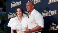 Cast members Dwayne Johnson and Emily Blunt attend the premiere for the film 