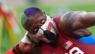 Raven Saunders of the United States wears a face mask REUTERS/Kai Pfaffenbach