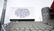 Cricket - Fifth Test - England v India - Emirates Old Trafford, Manchester, Britain - September 10, 2021 A message is seen displayed on a big screen after the match was cancelled due to members of the India staff contracting COVID-19 Action Images via Reu