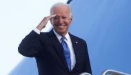 US President Joe Biden salutes as he boards Air Force One for travel back to Washington from Bradley International Airport in Windsor Locks, Connecticut, US. Reuters/Leah Millis