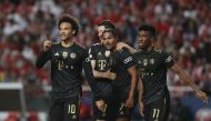Bayern Munich's Leroy Sane celebrates scoring their fourth goal with Serge Gnabry , Robert Lewandowski and Kingsley Coman REUTERS/Pedro Nunes
