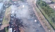 An accident scene is pictured after a fuel tanker explosion in Freetown, Sierra Leone November 6, 2021. Picture taken with a drone. National Disaster Management Agency-Sierra Leone