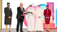 Minister of Transport H E Jassim Saif Ahmed Al Sulaiti with Qatar Airways Group Chief Executive and Chairman of the 54th AGM H E Akbar Al Baker, during the 54th Annual General Meeting (AGM) of the Arab Air Carriers’ Organisation (AACO) in Doha, yesterday.  