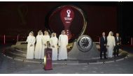 Prime Minister and Minister of Interior, H E Sheikh Khalid bin Khalifa bin Abdulaziz Al Thani; President of Qatar Olympic Committee, H E Sheikh Joaan bin Hamad Al Thani; Secretary-General of the Supreme Committee for Delivery and Legacy, H E Hassan Al Thawadi; FIFA President, H E Gianni Infantino; and other dignitaries at the launch of the Qatar 2022 countdown clock at Doha Corniche, yesterday. 
