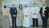 Officials of Al-Ahli Hospital during the launching of World Antimicrobial Awareness Week headed by Chief of Medical Staff Dr. Abdul Azim Abdul Wahab Hussain; Director of Pathology and Laboratory Medicine and Co-Chair of the Antimicrobial Stewardship Taskforce Dr. Mohammad El Ahmadi; and Director of Safety and Quality David Miller.  Pic: Rajan Vadakkemuriyil