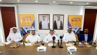 Deputy CEO of Dar Al Sharq, Jaber Al Harami; the in-charge of Commercial Licensing Department at the Ministry of Transport, Hamad Ali Al Marri; Consultant at Milaha, Adnan Albanna; Marketing & Public Relations Manager at Mwani Qatar, Hamad Al Ansari; and Project Manager at Dar Al Sharq, Babiker Othman at the press confrence held at Dar Al Sharq headquarters, yesterday..