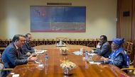 Undersecretary of the Ministry of Commerce & Industry H E Sultan bin Rashid Al Khater, Director-General of the WTO H E Dr. Ngozi Okonjo-Iweala, and other officials, during a bilateral meeting in Geneva, Switzerland. 