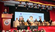 Kumar Mangalam Bilra, Chairperson of Aditya Birla Group, addressing a function held in his honour at Birla Public School Doha, while Dr. Deepak Mittal, Ambassador of India to Qatar; Gope Shahani, Chairman, BPS; BPS directors Dr. Mohan Thomas, C V Rappai, Lukose K Chacko; Aryaman Birla and Harish Sanduja, academic director and principal at the school attended the event held in Doha yesterday.   Pic: Salim Matramkot/The Peninsula