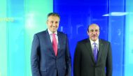 Minister of Transport H E Jassim bin Saif Al Sulaiti (right), with Minister of Transport and Logistic Services of the sisterly Kingdom of Saudi Arabia, H E Eng. Saleh bin Nasser Al Jasser, on the sidelines of the International Maritime Organisation meeting in London, yesterday.