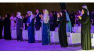 Minister of State and Qatar National Library President, H E Dr. Hamad bin Abdulaziz Al Kuwari; Minister of Sports and Youth, H E Salah bin Ghanem Al Ali; Minister of Education and Higher Education, H E Buthaina bint Ali Al Jabr Al Nuaimi; and Vice-Chairperson and CEO of Qatar Foundation, H E Sheikha Hind bint Hamad Al Thani, at the opening of D’reesha Performing Arts Festival, yesterday. 
