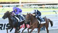 Jockey Hugo Mouesan and Rysk Tout on their way to win the race. Pic: Robert Polin