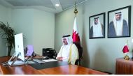 Undersecretary of the Ministry of Commerce & Industry H E Sultan bin Rashid Al Khater attending the proceedings of the 27th edition of the Partnership Summit 2021 via video conferencing.